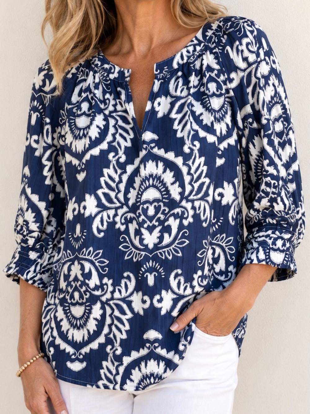 Ellison Navy White Damask Print Peasant Blouse Medium